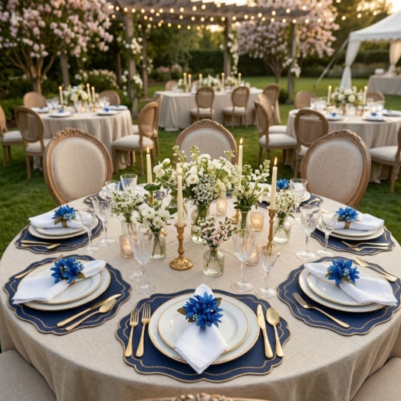 Maison Charlo Set of 4 Royal Blue Lilies Flower Celebration Napkin Rings
