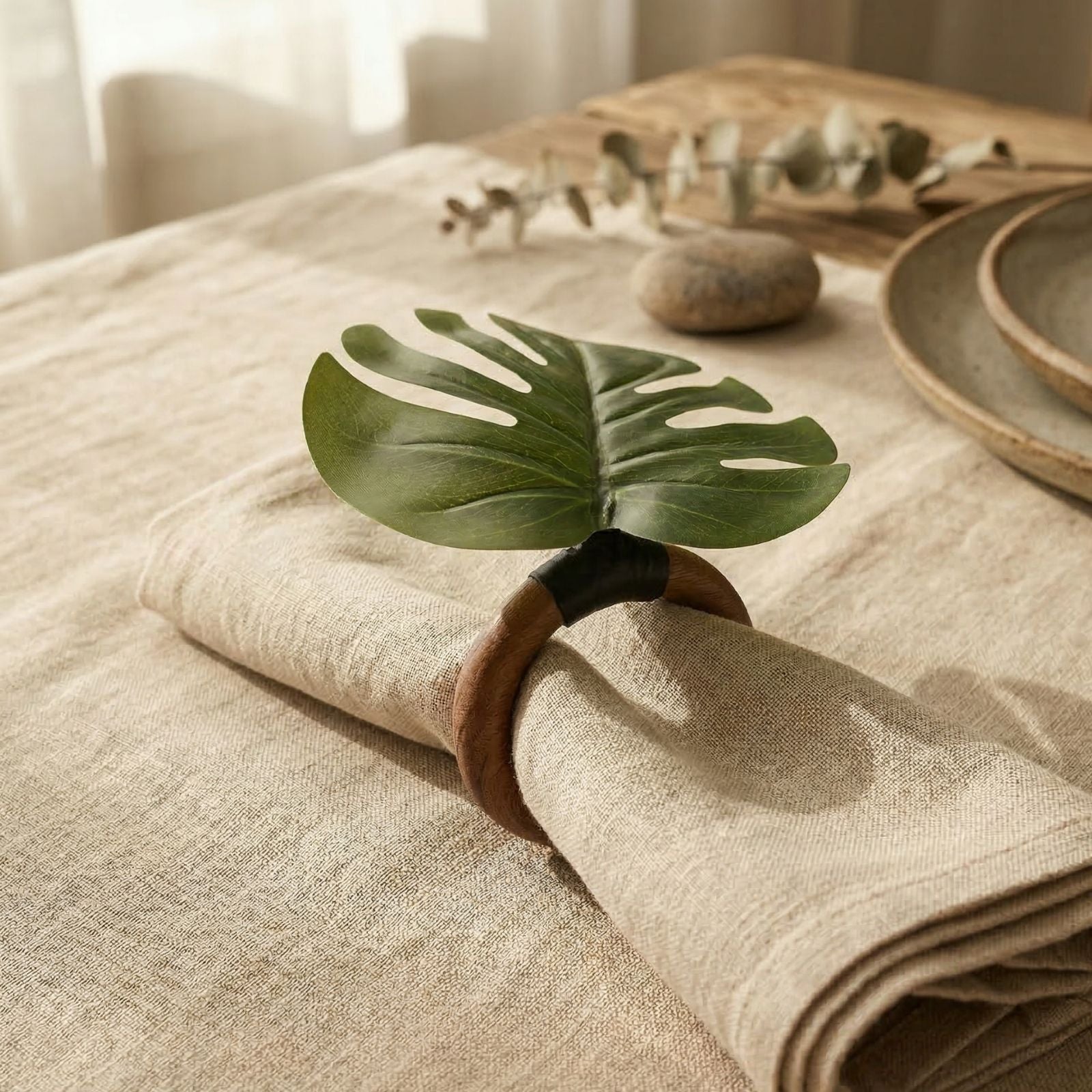 Charlo's Set 6 Green Monstera Leaf Tropical Napkin Rings Ecofriendly Pack for dining table decor
