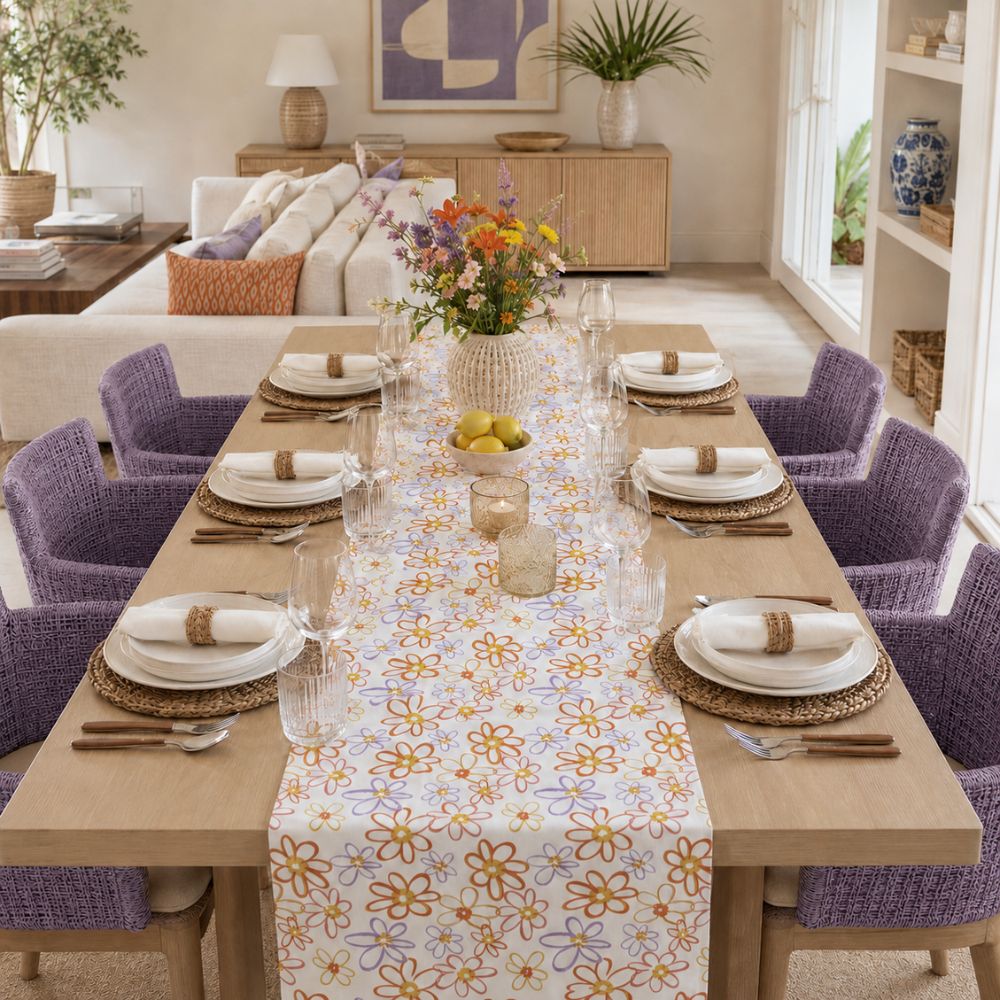 Charlo's Cotton Floral Table Runner Orange and Lilac 18" x 59"