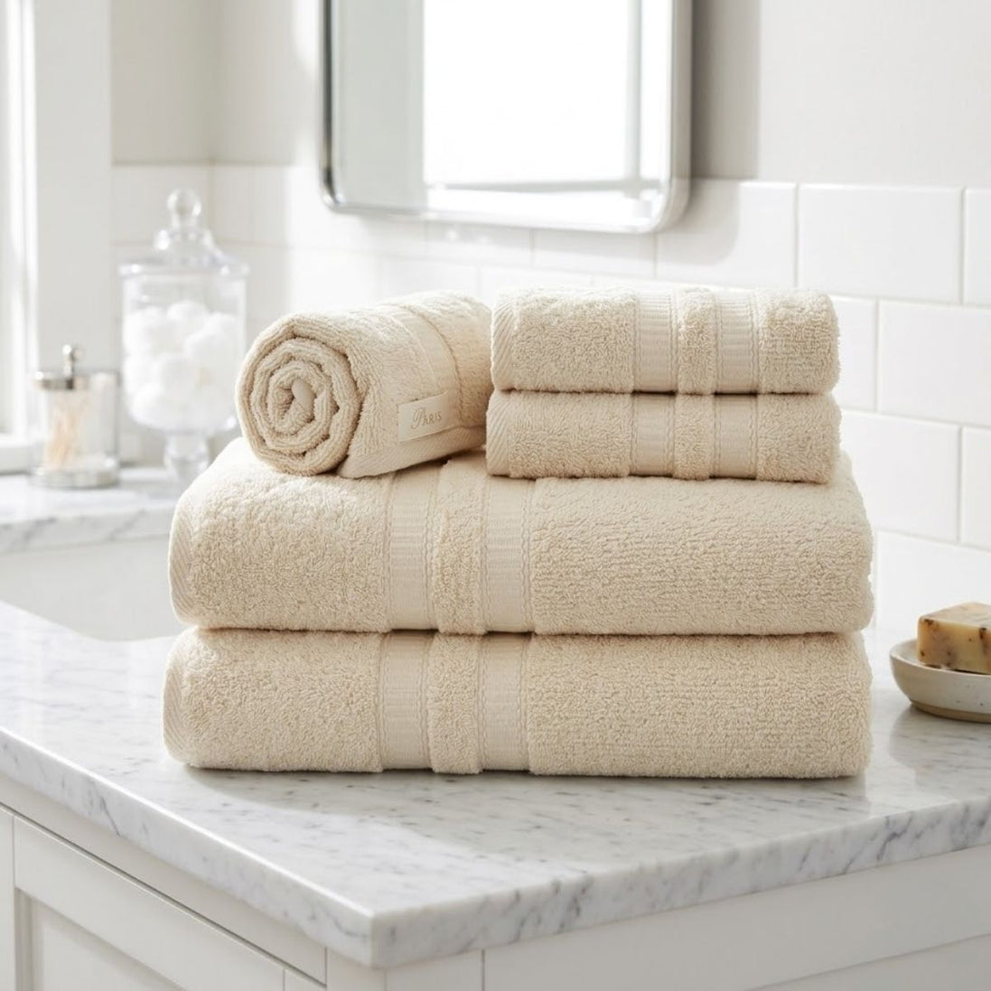 5-Piece Cotton Towel Set White – Bath, Hand & Bath Mat Paris Collection Soft Absorbent
