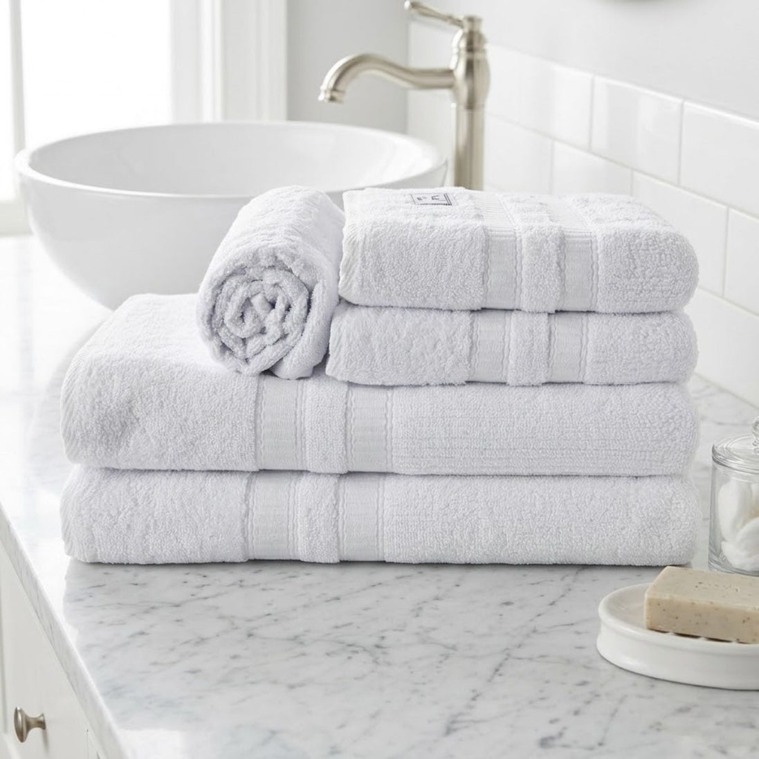 5-Piece Cotton Towel Set White – Bath, Hand & Bath Mat Paris Collection Soft Absorbent