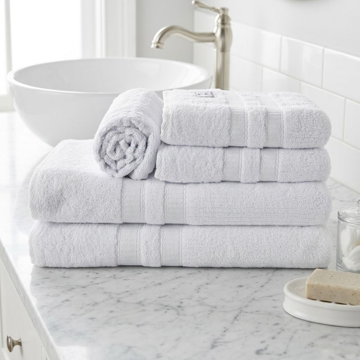 5-Piece Cotton Towel Set White – Bath, Hand & Bath Mat Paris Collection Soft Absorbent
