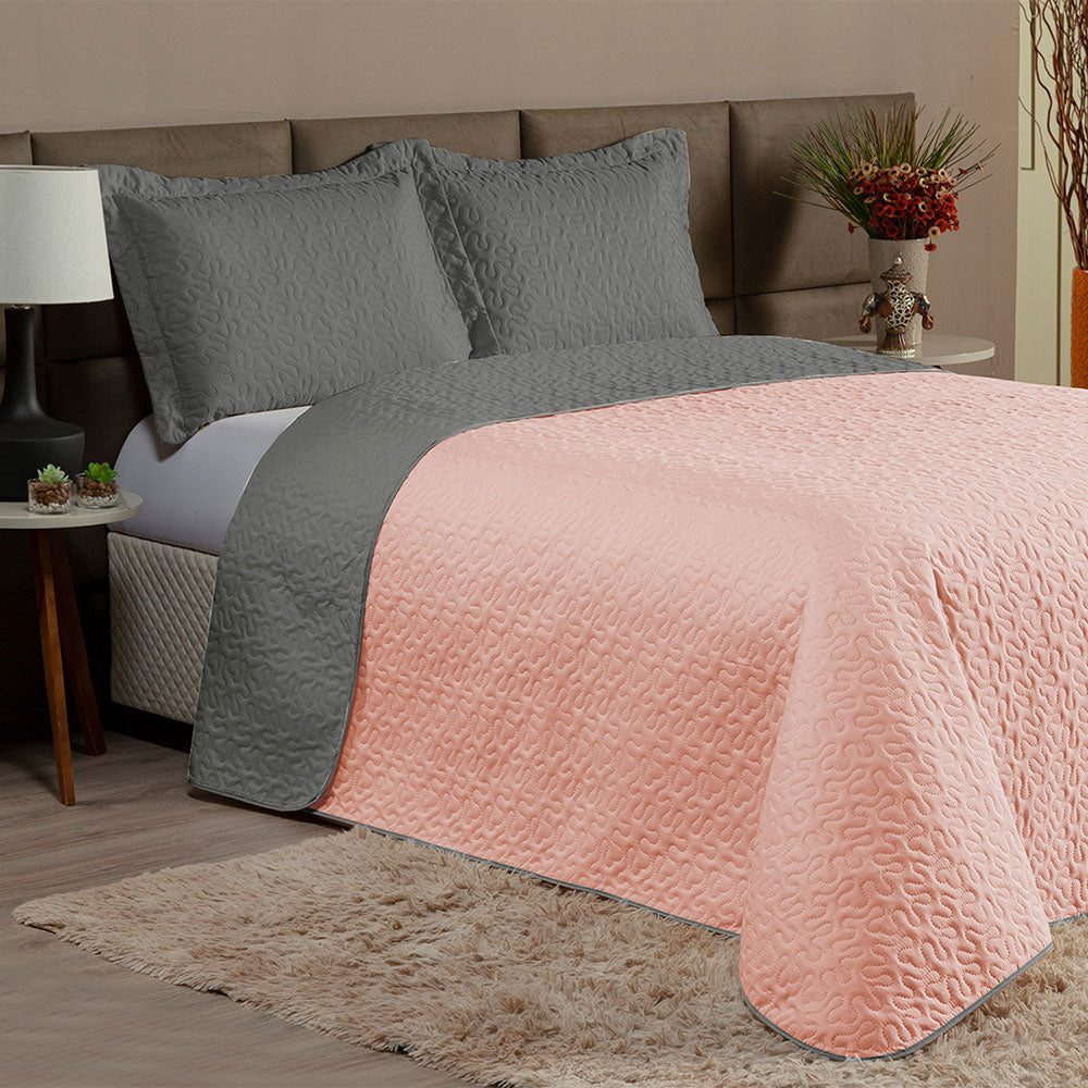 Full Reversible Quilted Bedspread Set 3 Pieces Gray & Blush 94.5 x 86.6 in – Soft Polyester Bedding