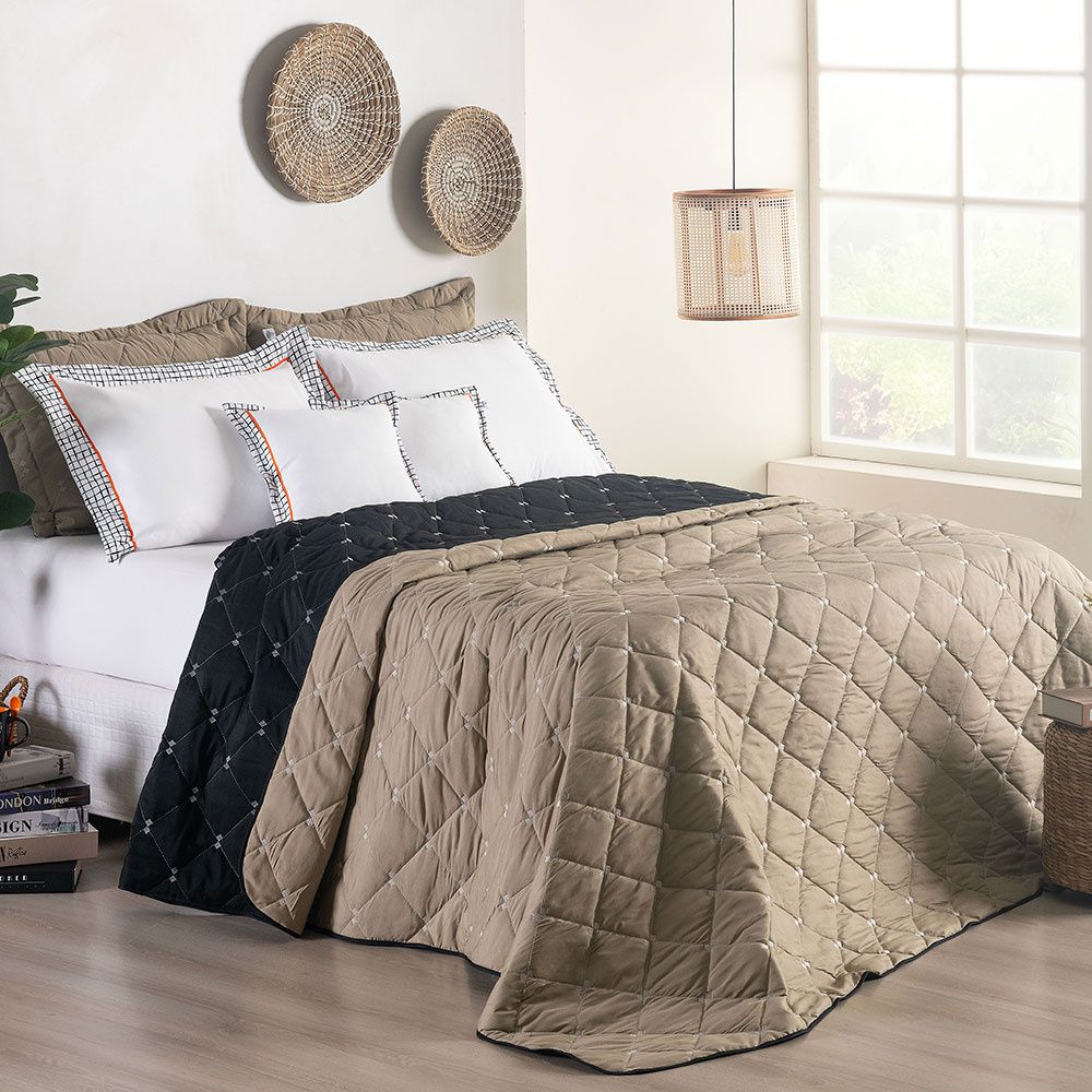 Full Reversible Embroidered Bedspread Set 4 Pieces Khaki Renove 400 Thread Count 94.5 x 86.6 in