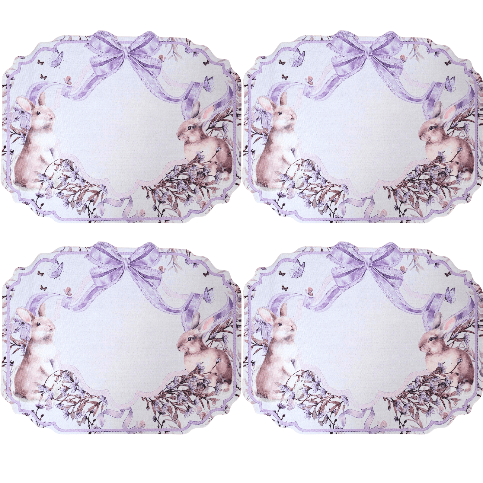 Set 4 Placemats Waterproof Lace Lilac Easter Bunny Gardens Non Slip Easy to Clean placemat, Reusable Placemats, Dining Table, TableSetting