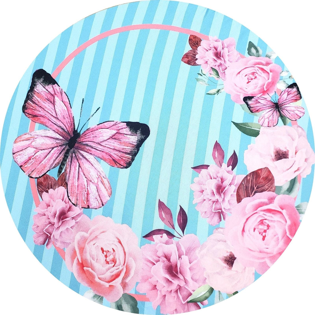 Set of 4 Round Placemats Covers Pink Blue Striped Butterfly 14 Dia inch